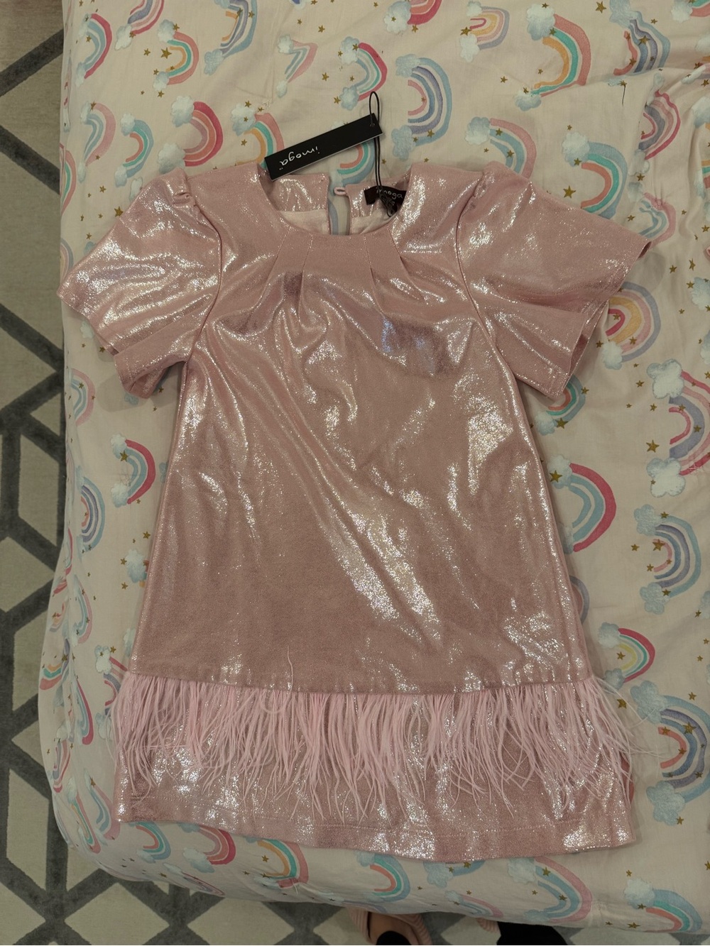 Imoga Shimmery Pink Feather-Hem Party Dress